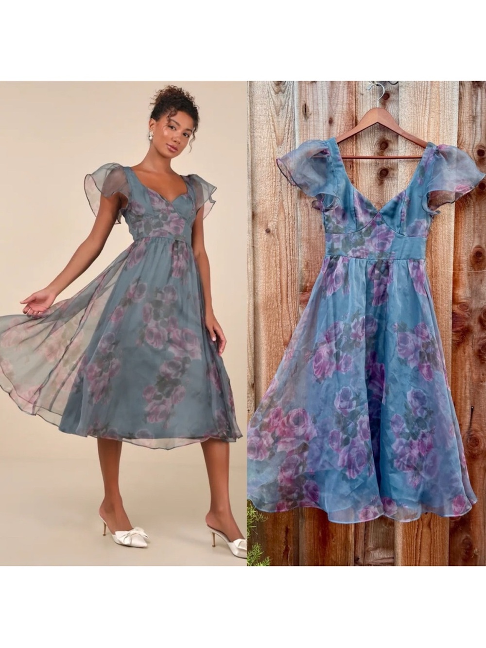 Slate Blue and Pink Floral Organza Ruffled-Sleeve A-Line Midi Dress 🌿